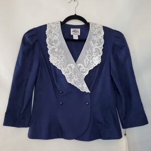 Vintage Embroidered White Collared Blue Blazer Size 14 Floral Print Cotton NEW